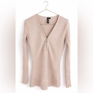 Colori Ribbed Half-Zip Knit Top – Beige, Size S